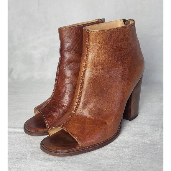 BED | STU Onset Leather Ankle Boots Peep Toe Stacked Heel Booties  | 7.5 - Picture 4 of 12